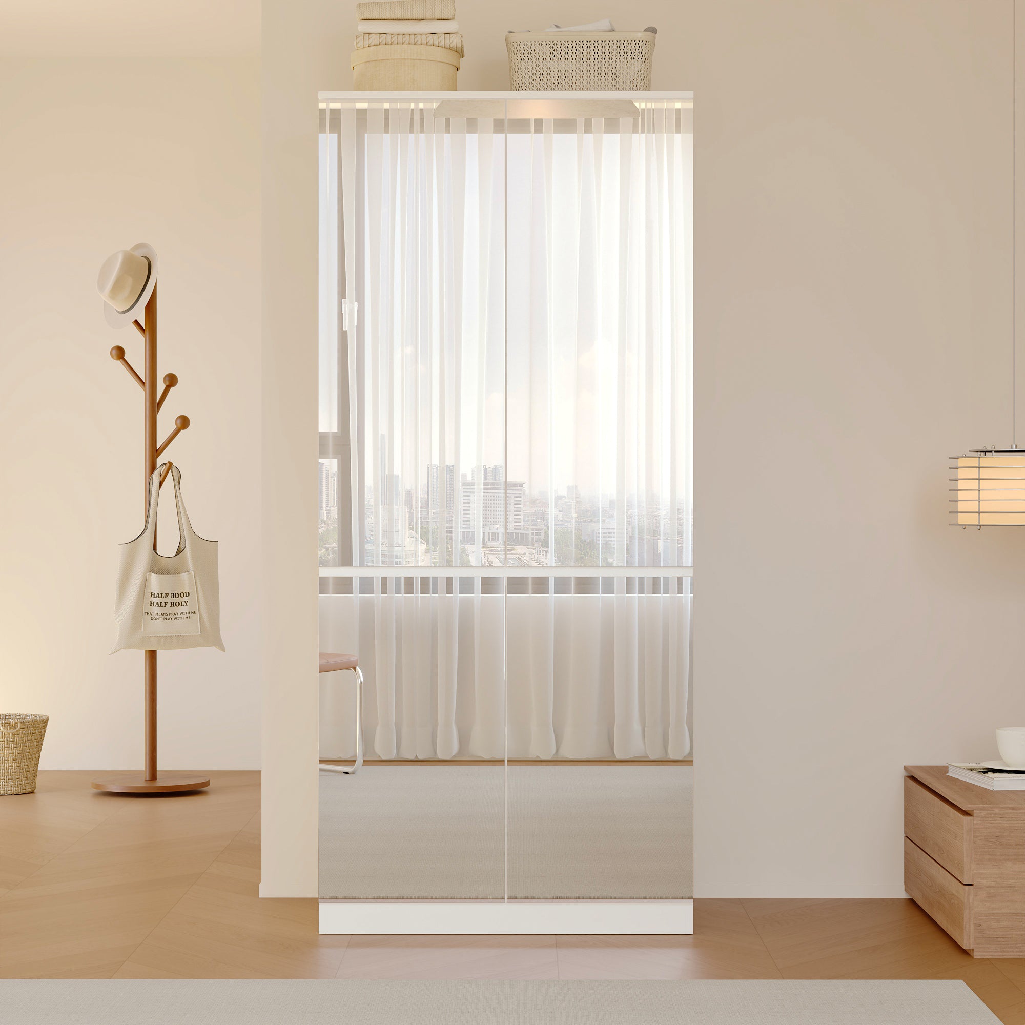 White armoire with mirrored doors and cabinet storage