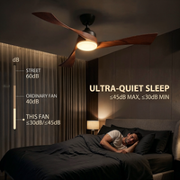 Ceiling fan in a bedroom with a man sleeping, highlighting ultra-quiet sleep feature.