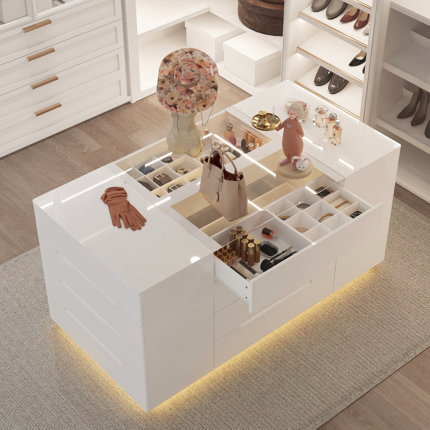 Modern white storage unit with shelves and drawers in a room setting.