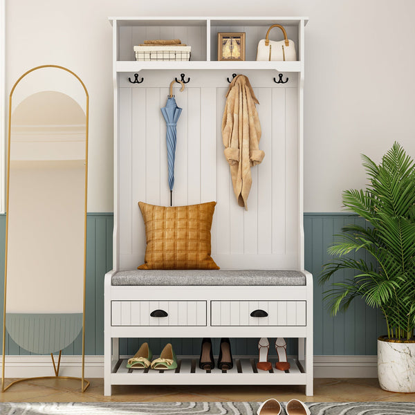 34.3" Modern White/Black/Gray 4-in-1 Hall Tree with Storage Bench, Coat Rack, Shelves & Drawers for Entryway