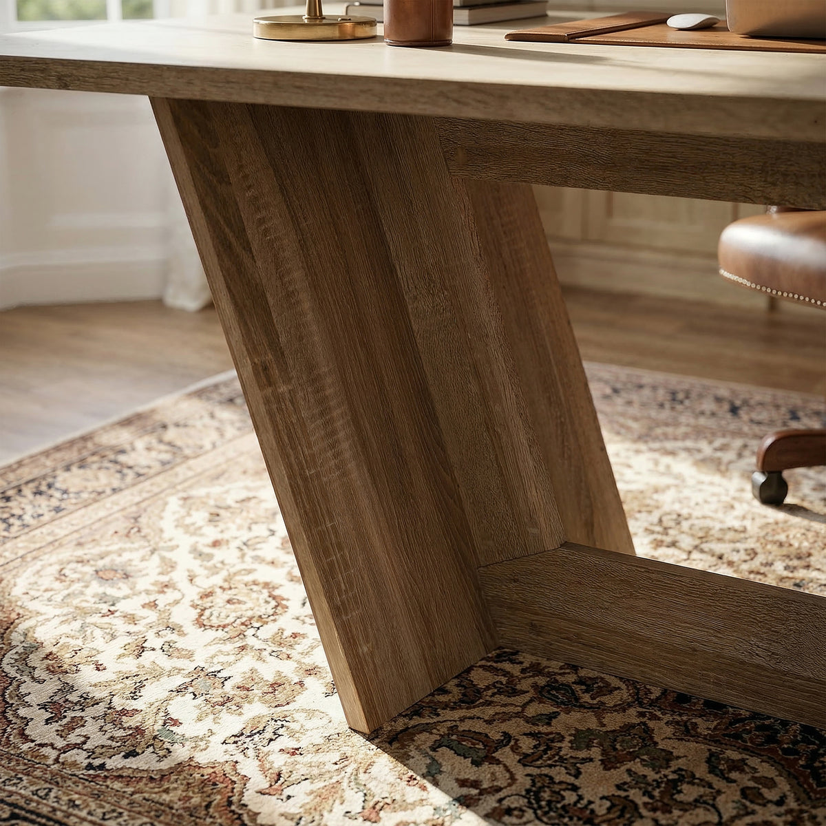 Wood dining table with V-shaped pedestal base 