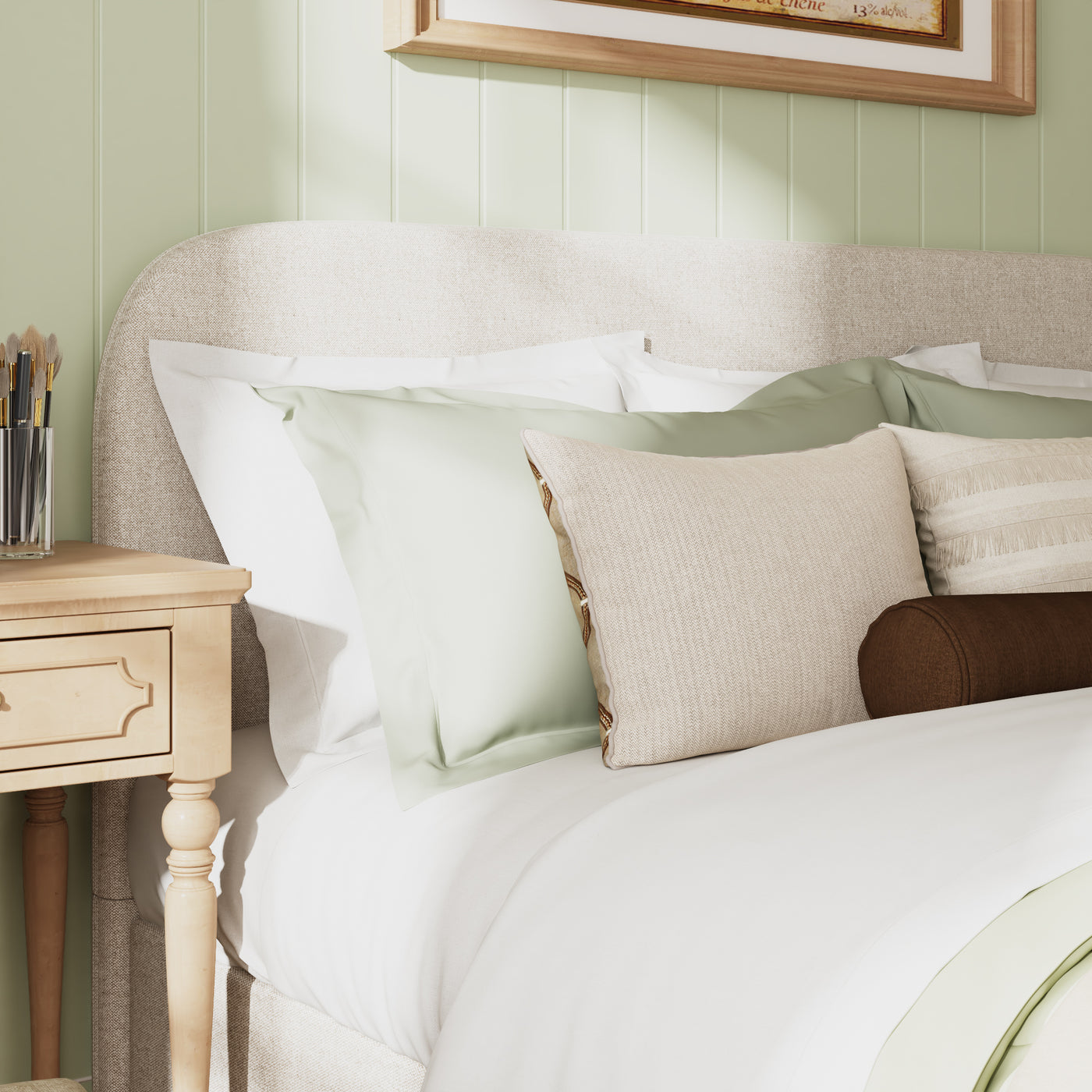 King Size Beige Upholstered Bed with Storage Drawers & Linen Headboard