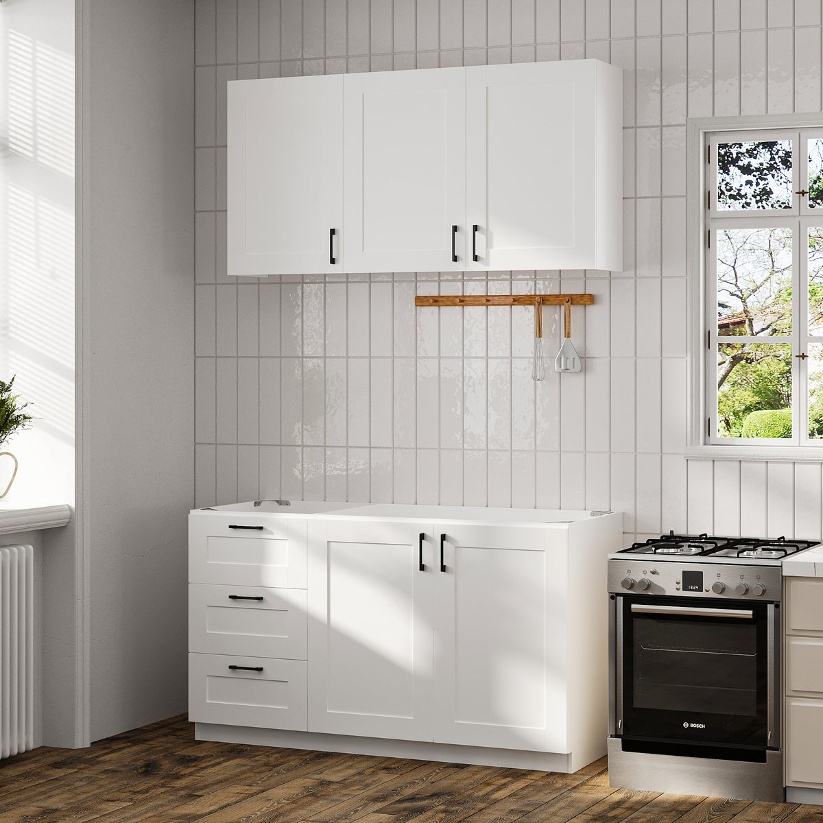 60" White Kitchen Sideboard Buffet Pantry Cabinet with Wall-Mounted Upper Storage Cabinet, 3 Drawers and Double Base Doors
