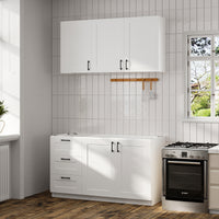 60" White Kitchen Sideboard Buffet Pantry Cabinet with Wall-Mounted Upper Storage Cabinet, 3 Drawers and Double Base Doors