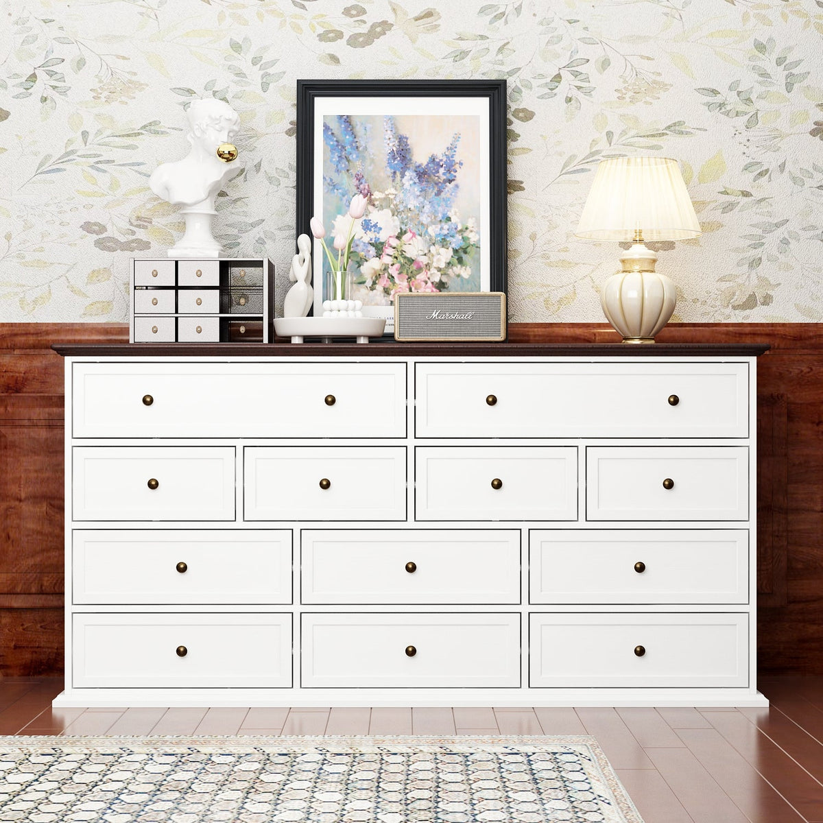 61" Transitional White Rectangular Dresser With 12 Drawers