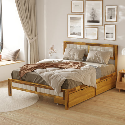 60.8" Modern Beige Platform Bed with Storage Drawers and Comfortable Headboard