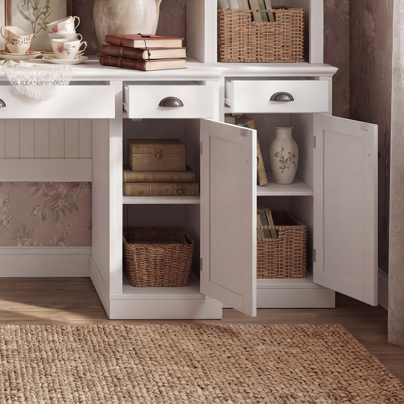 88.5" White 4-Piece Modular Entertainment Wall Unit with Writing Desk, Open Bookcase Shelves & Closed Storage Cabinets