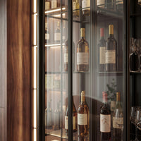 Black display cabinet with glass doors and LED lighting