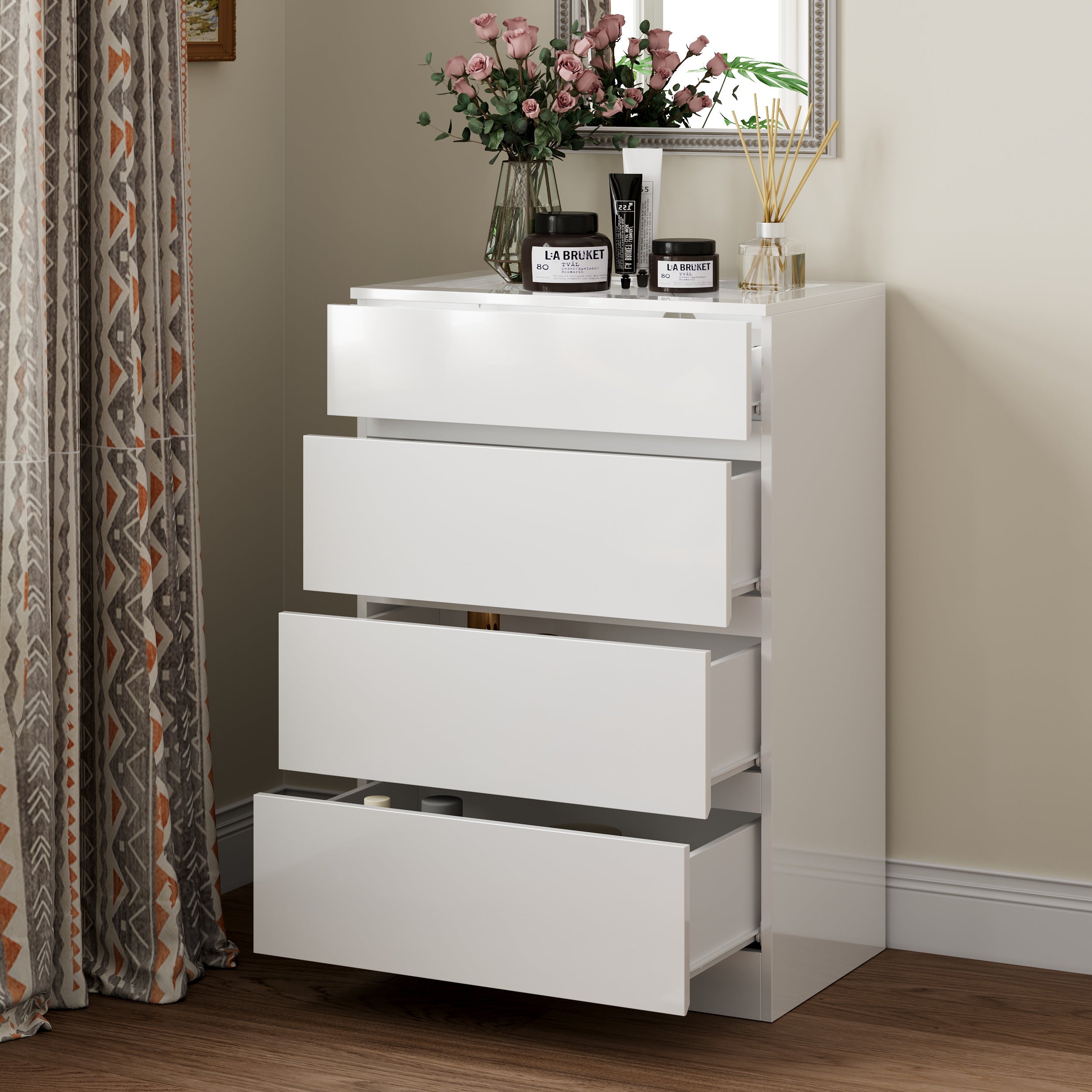 White dresser with jewelry organizer top and 4 drawers