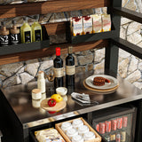 Bar setup with wine bottles, snacks, and a stone wall background