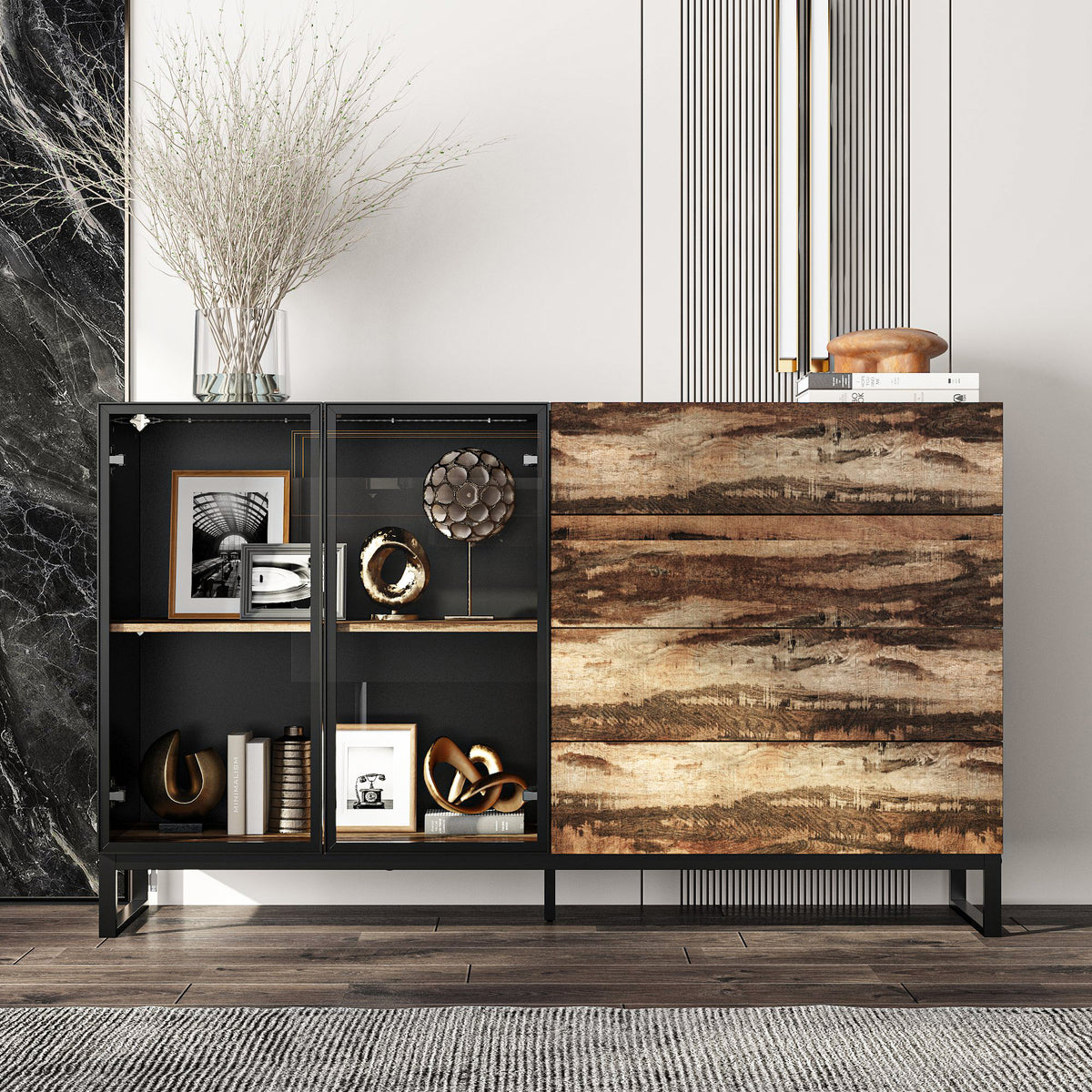 63" Modern Black & Brown Sideboard Buffet Cabinet with LED Lights & 4 Drawers