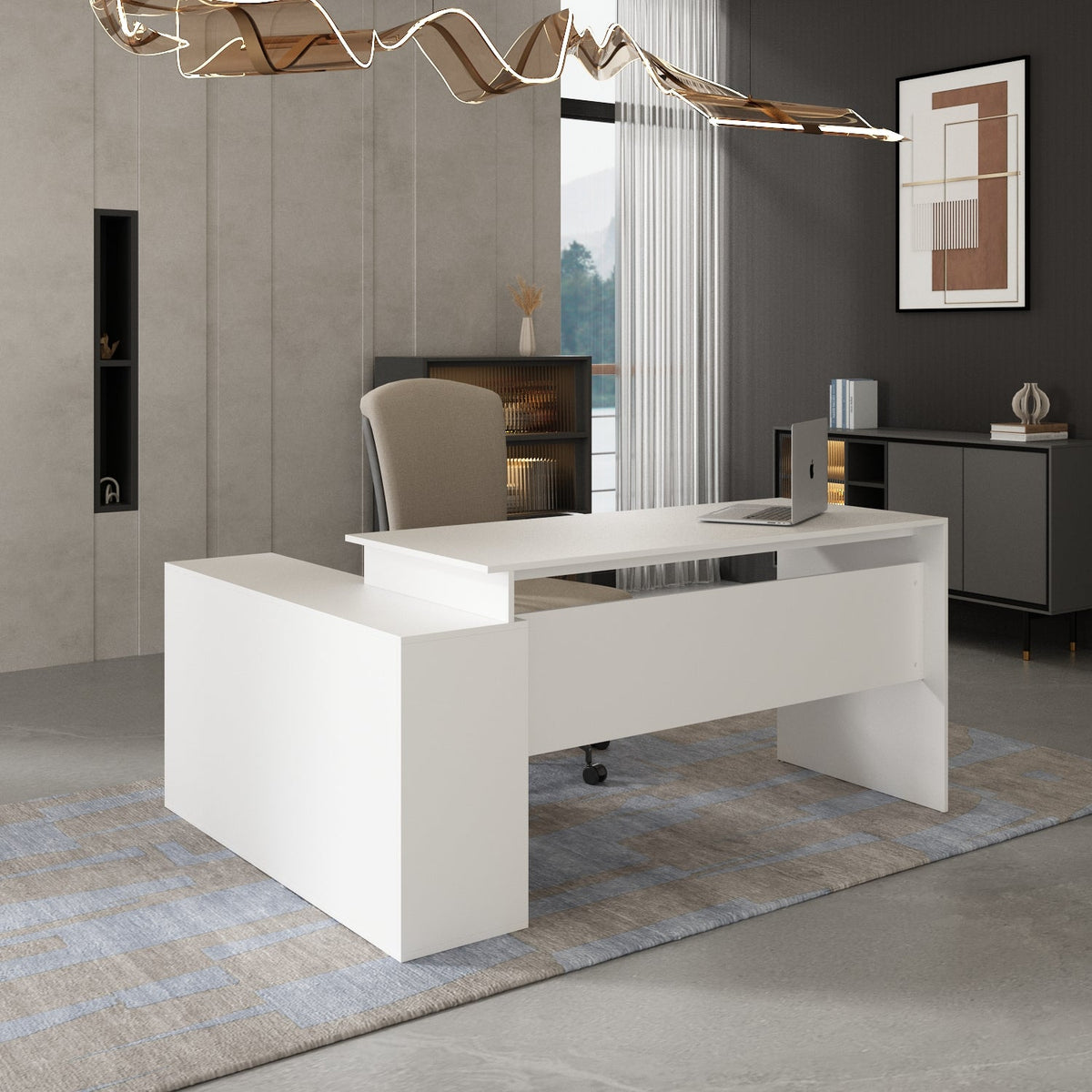L-Shaped Computer Desk Writing and Gaming Desk with Drawers and Shelves for Home Office