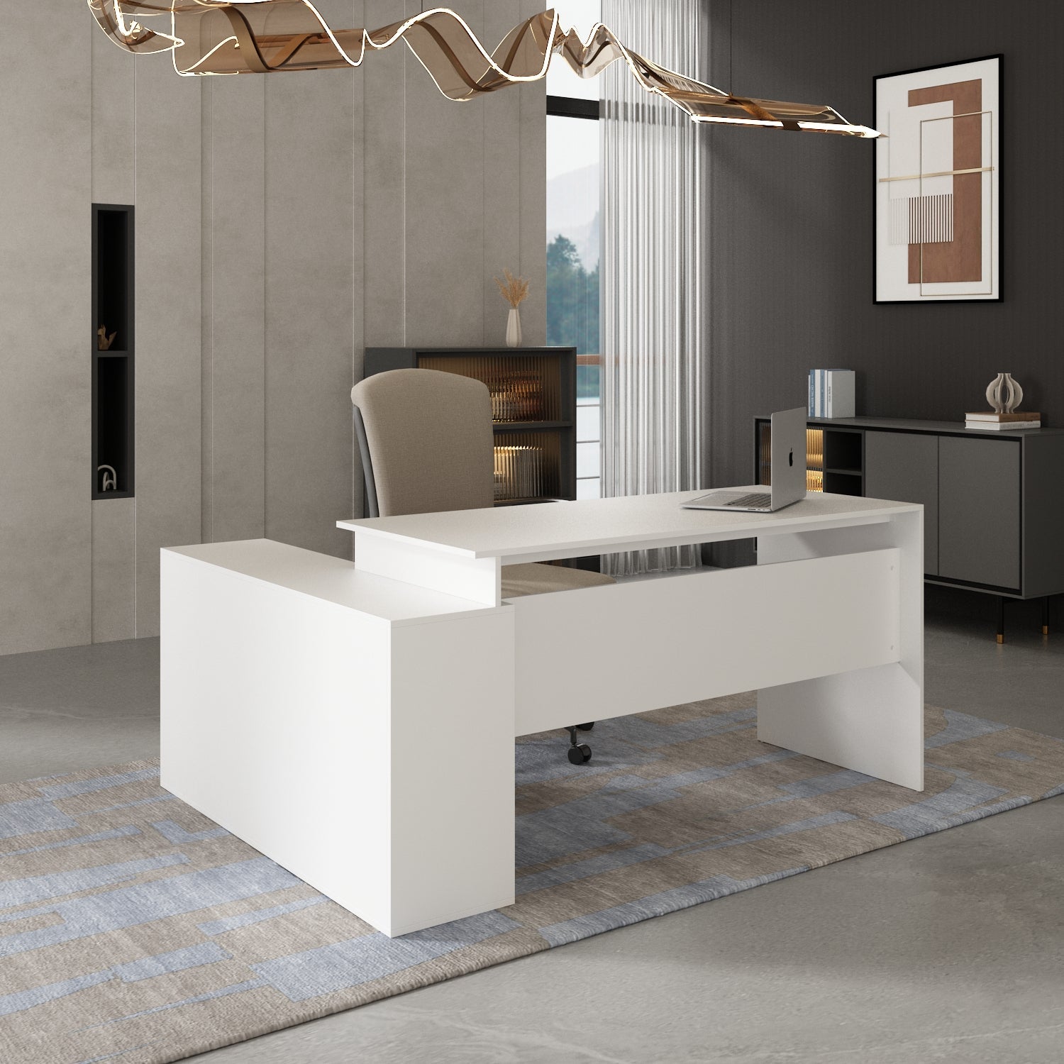 L-Shaped Computer Desk Writing and Gaming Desk with Drawers and Shelves for Home Office