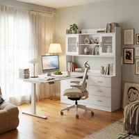 68.5" Modern White Standing Desk with Hutch and Storage Cabinet