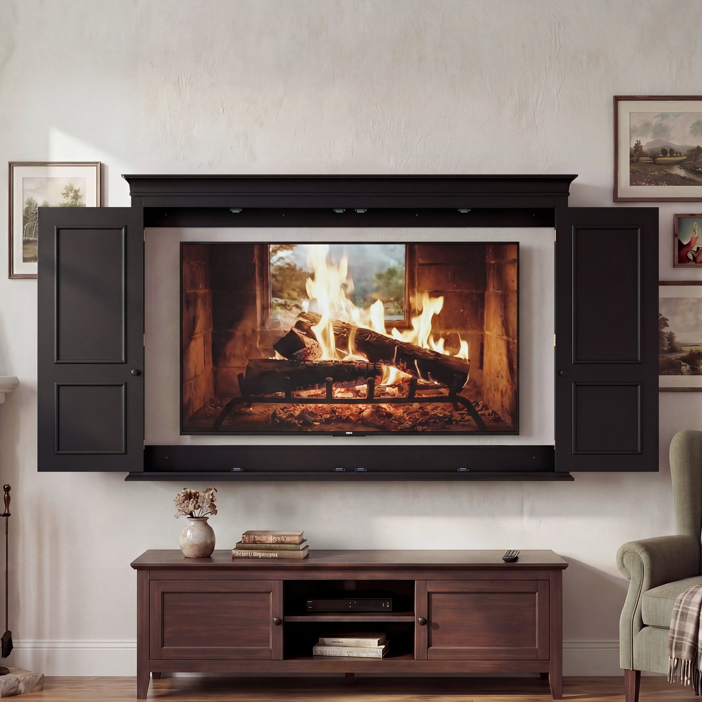 65.7" Black Wall‑Mount Hidden TV Media Cabinet with 4 Panel Doors, Fits Up To 60" TVs