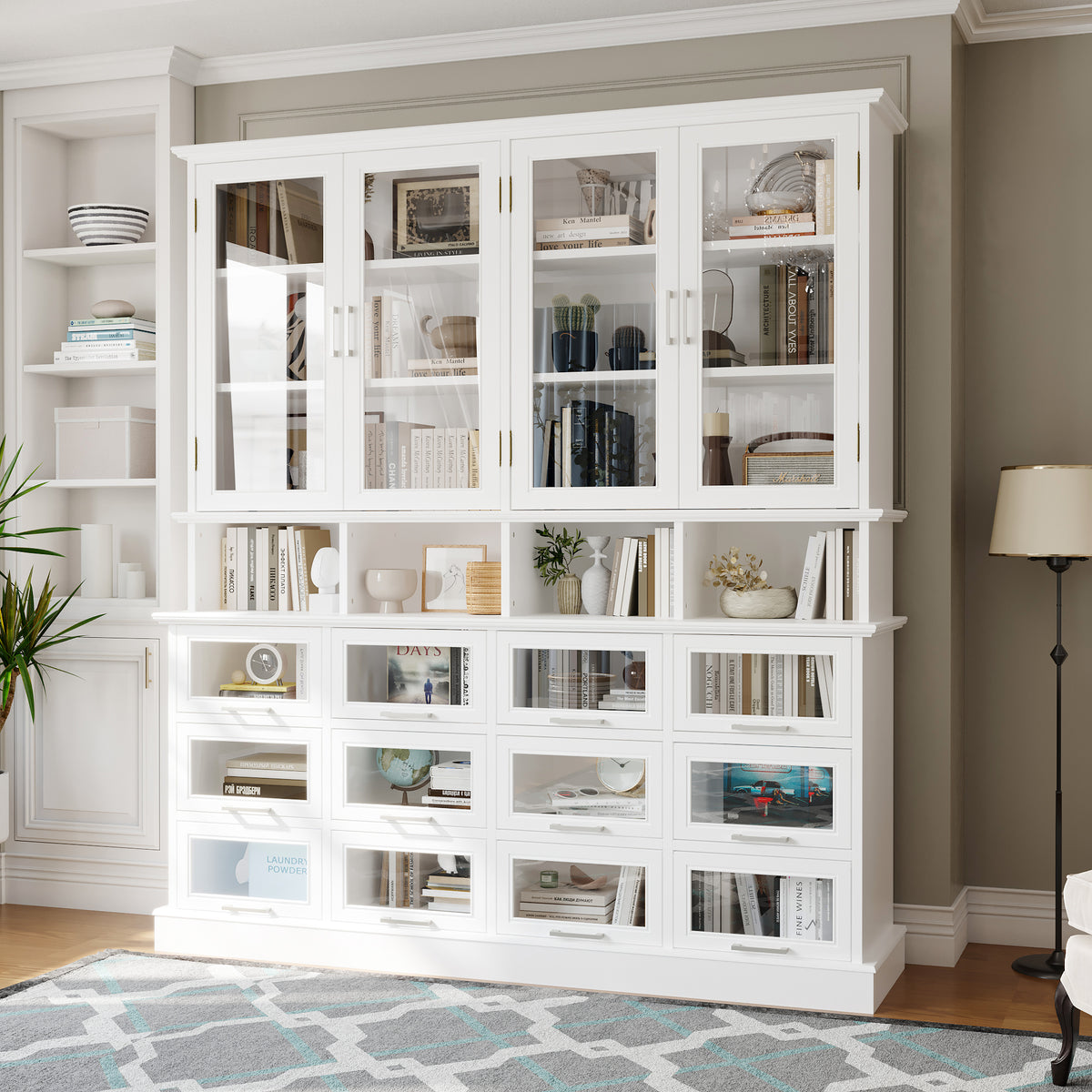 63" Modern White Display Bookcase Cabinet with Glass Doors