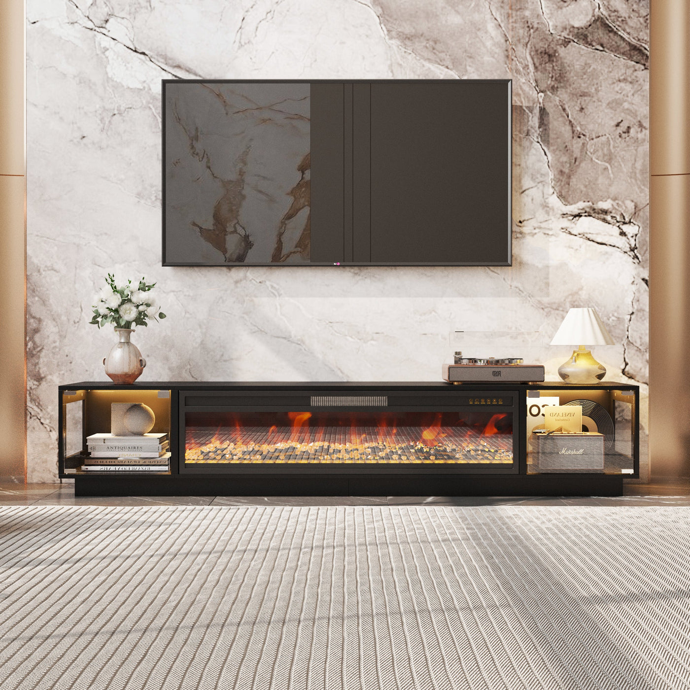78.7" Modern Black TV Stand Media Console with Glass Doors