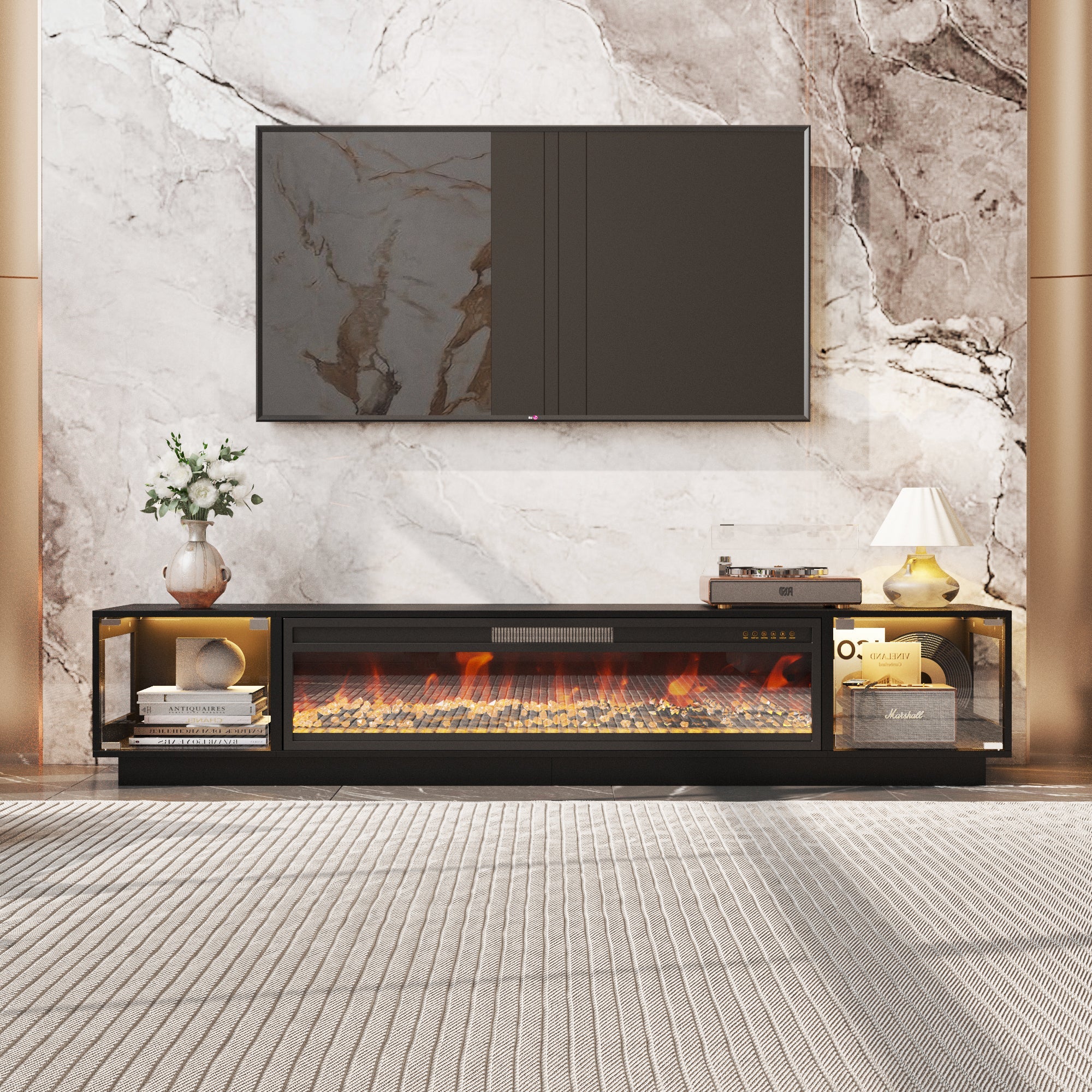 78.7 inches Modern Black TV Stand Media Console with Glass Doors