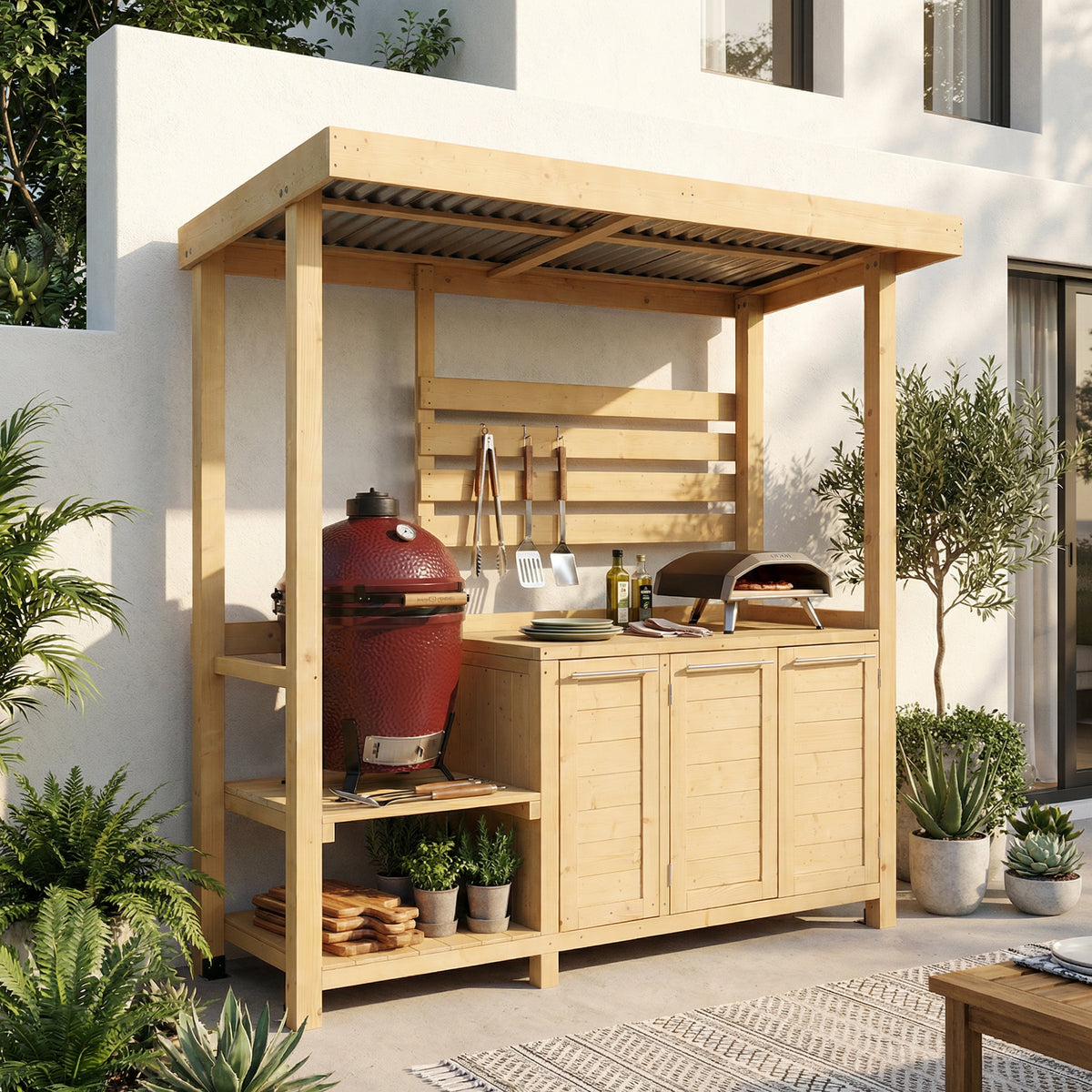 Outdoor kitchen with wooden cabinets, barbecue, and pizza oven against a white wall.