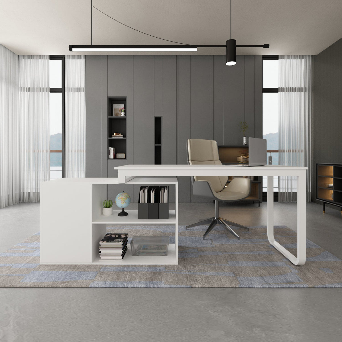 55.1" Modern Minimalist White Home Office Computer Corner Desk with Large Storage