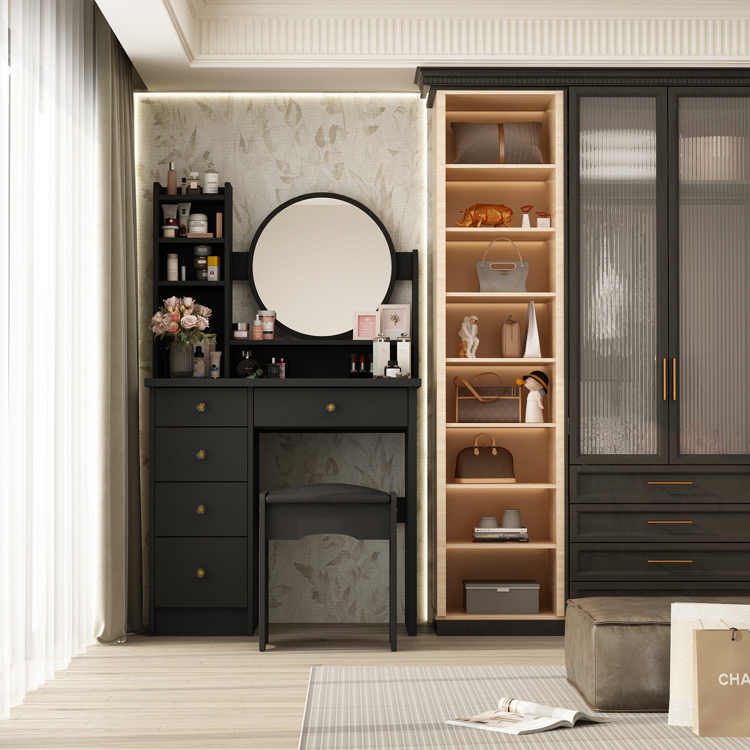 Makeup Vanity Set with Cushioned Stool, 5 Drawers & Display Shelves