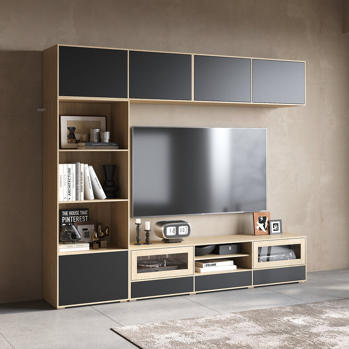 92.7" Modern Oak & Black Entertainment Center with Overhead Cabinets