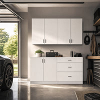 63" White Engineered Wood 2-Piece Garage Storage Cabinet with Wall Cabinet, Single Door & 3 Drawers