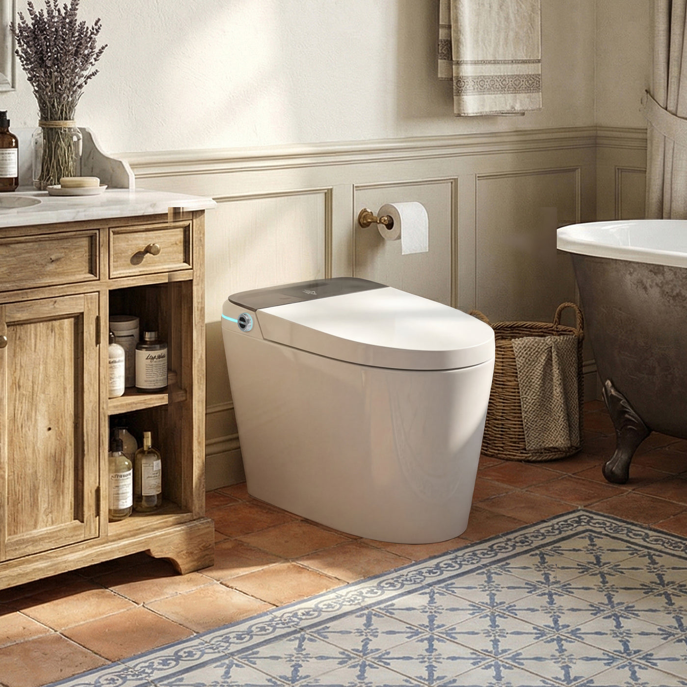 White smart toilet with compact one-piece design and side control knob