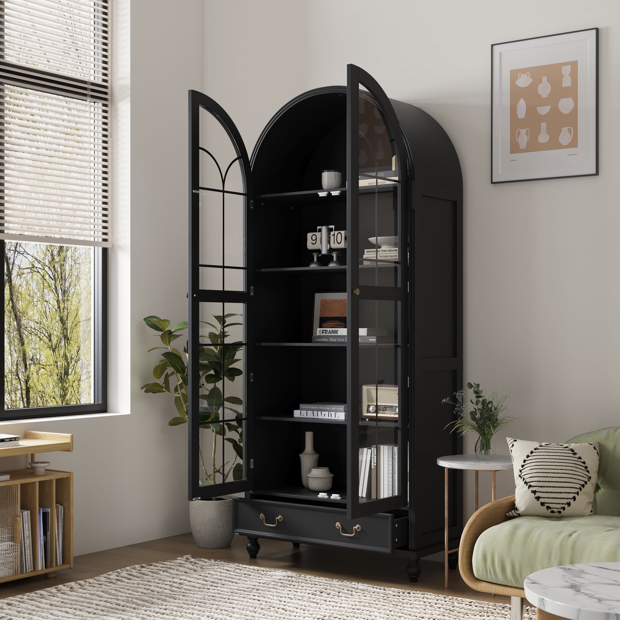 77'' H 2-Drawer Arched 5-Tier Bookcase Display Cabinet With Glass Doors