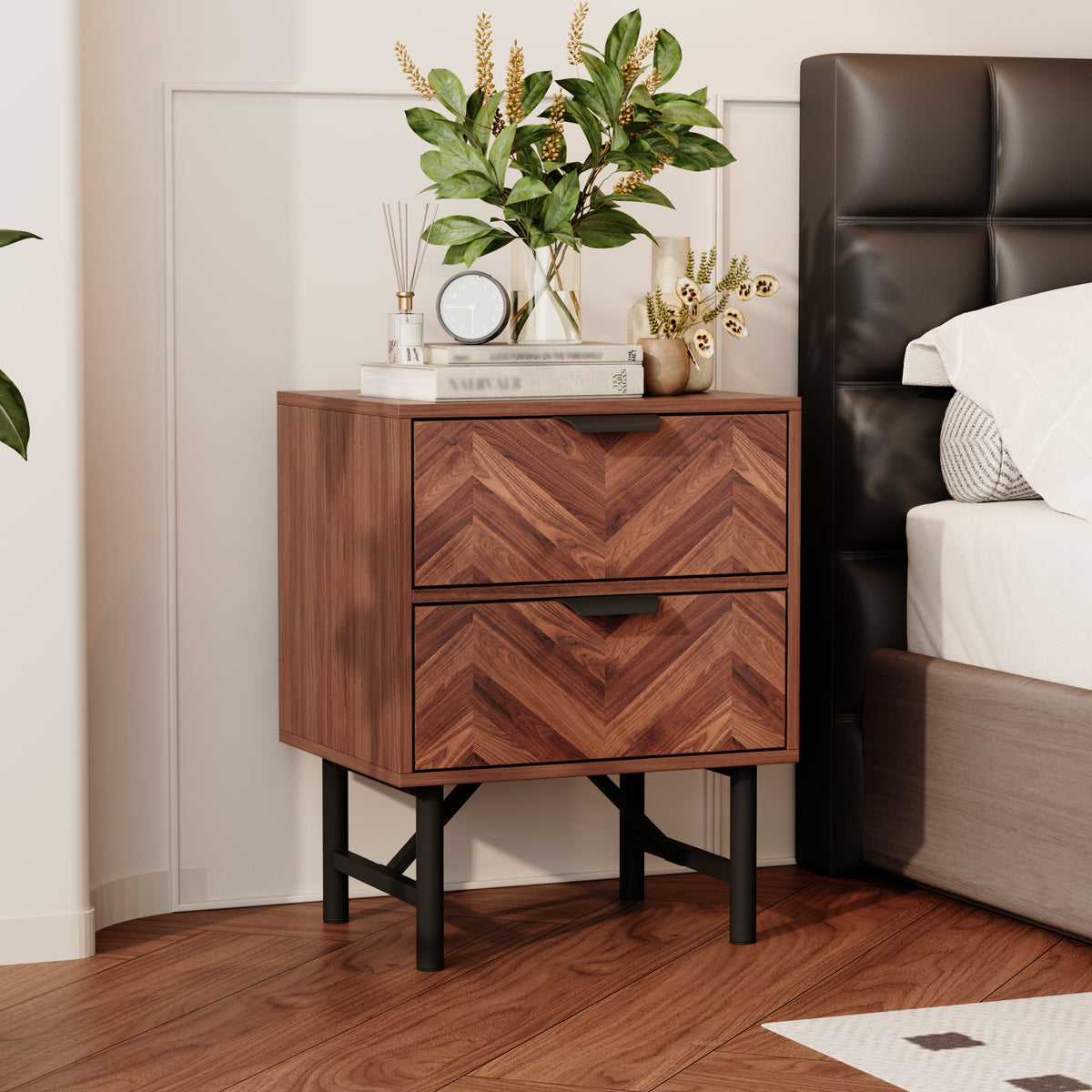 18.9" Rustic Brown Wood Grain 2-Drawer Bedside Table Nightstand