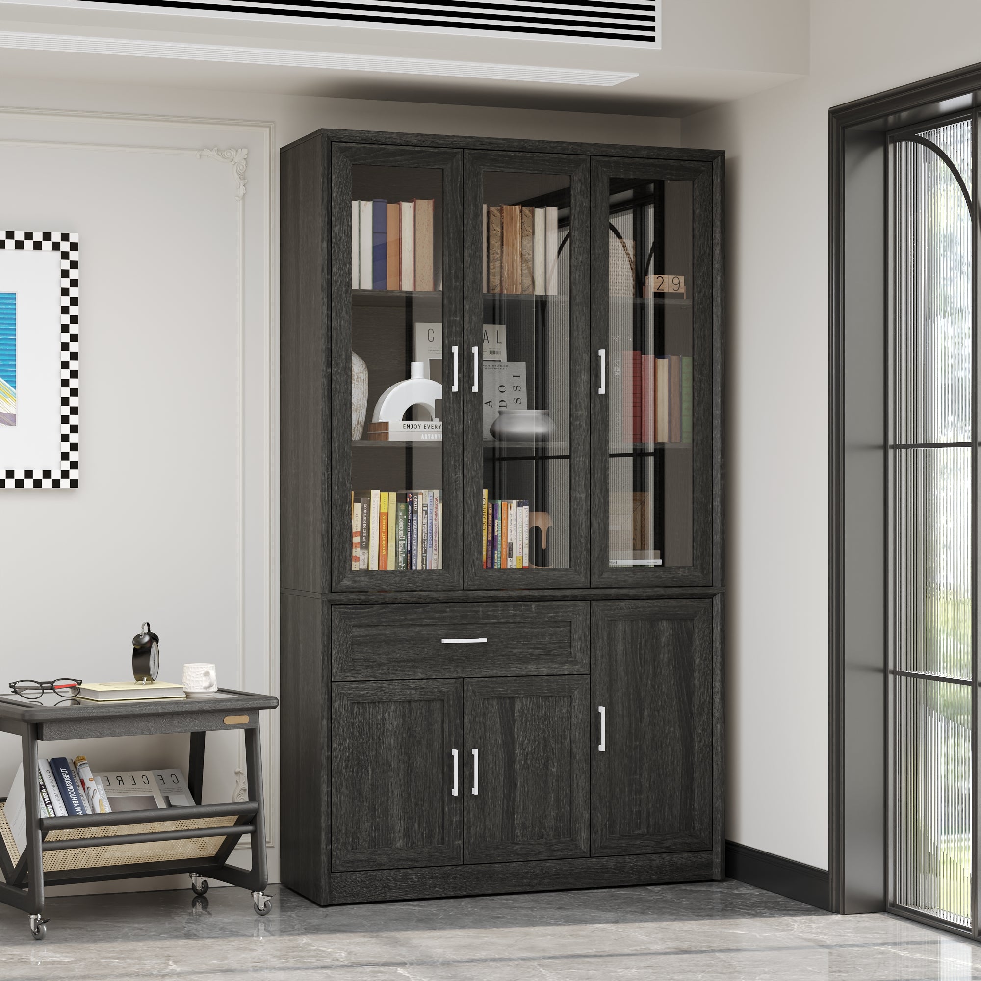 80'' H X 46'' W 6-Tier Bookcase With Glass Doors & Drawer