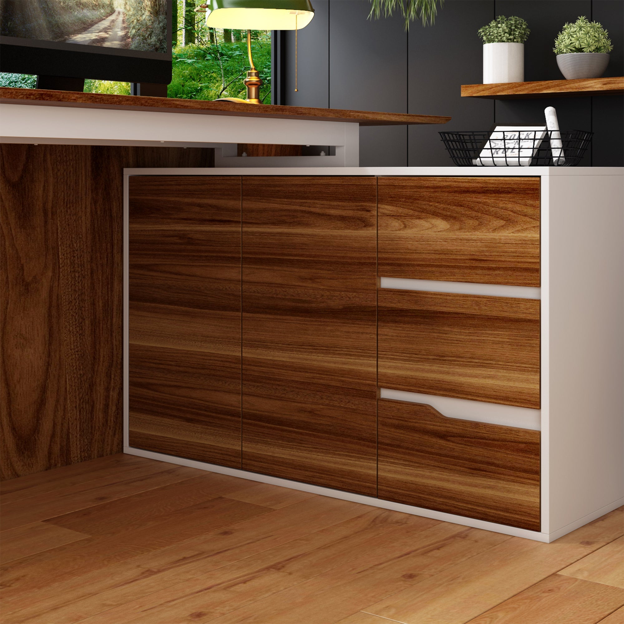 L-Shaped Corner Computer Desk with Drawers Brown Wood Grain