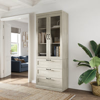 31.5" Farmhouse White Display Bookcase with Glass Doors & 2 Drawers