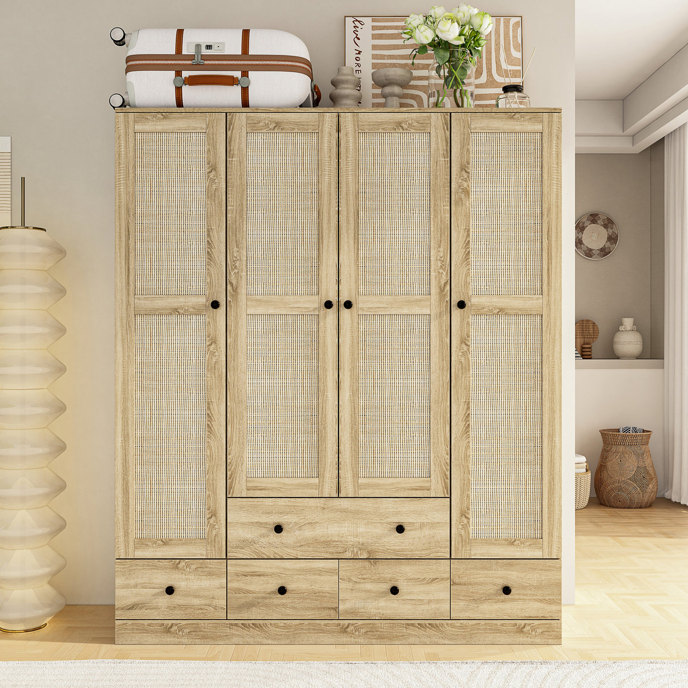 63" Rustic 4-Door Wardrobe Armoire with Rattan Paneling, 6 Drawers & 2 Hanging Rods