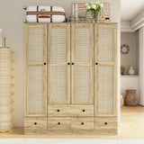63 inch Rustic 4-Door Wardrobe Armoire with Rattan Paneling, 6 Drawers & 2 Hanging Rods