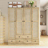 63" Rustic 4-Door Wardrobe Armoire with Rattan Paneling, 6 Drawers & 2 Hanging Rods