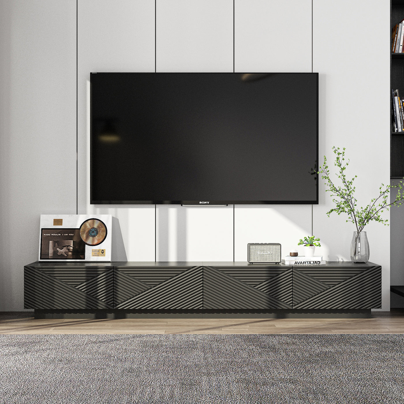 78.7" Modern Black Media Console TV Stand with Drop-Down Doors