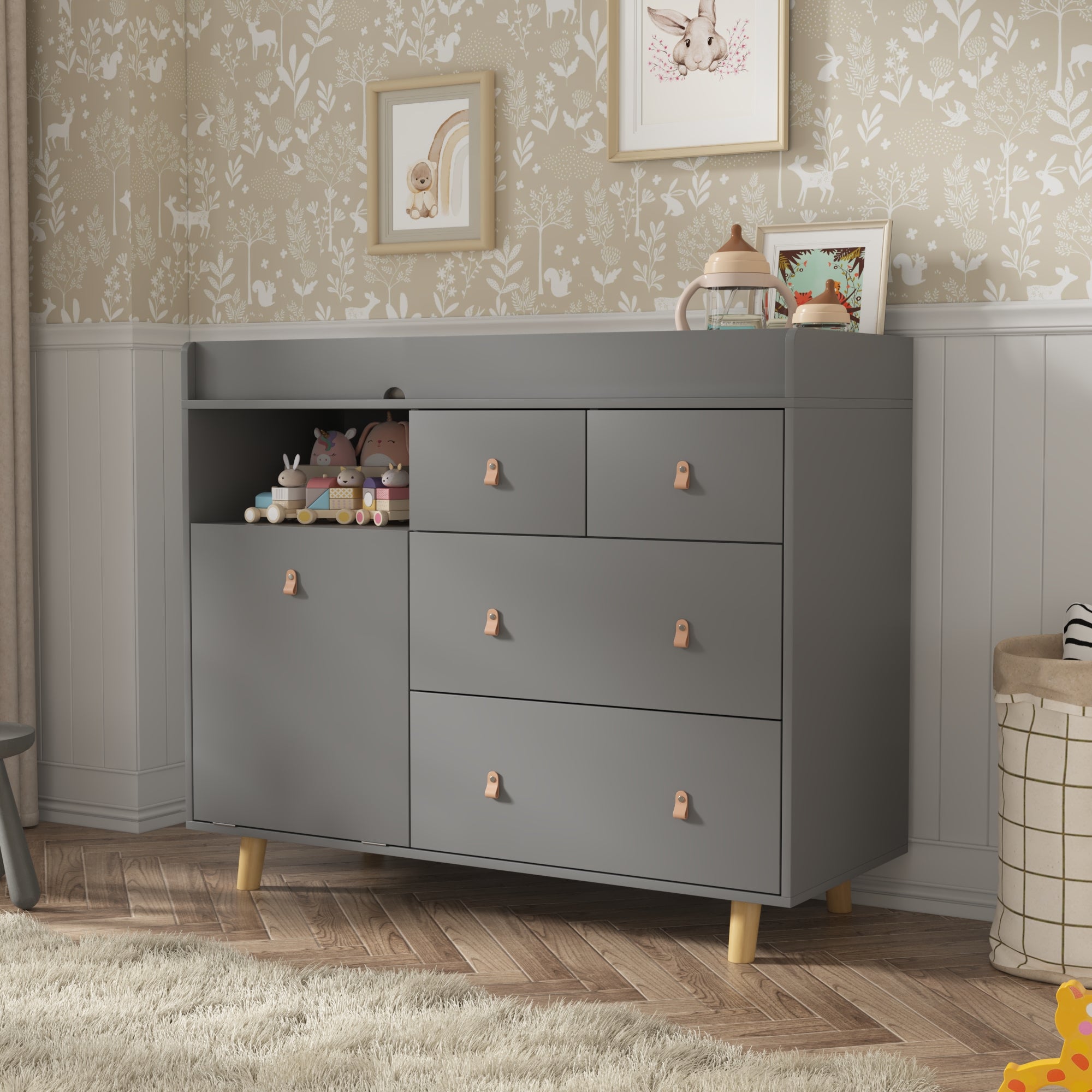 Baby Change Table Dresser Nursery Table Dresser 5 Drawers with Open Storage