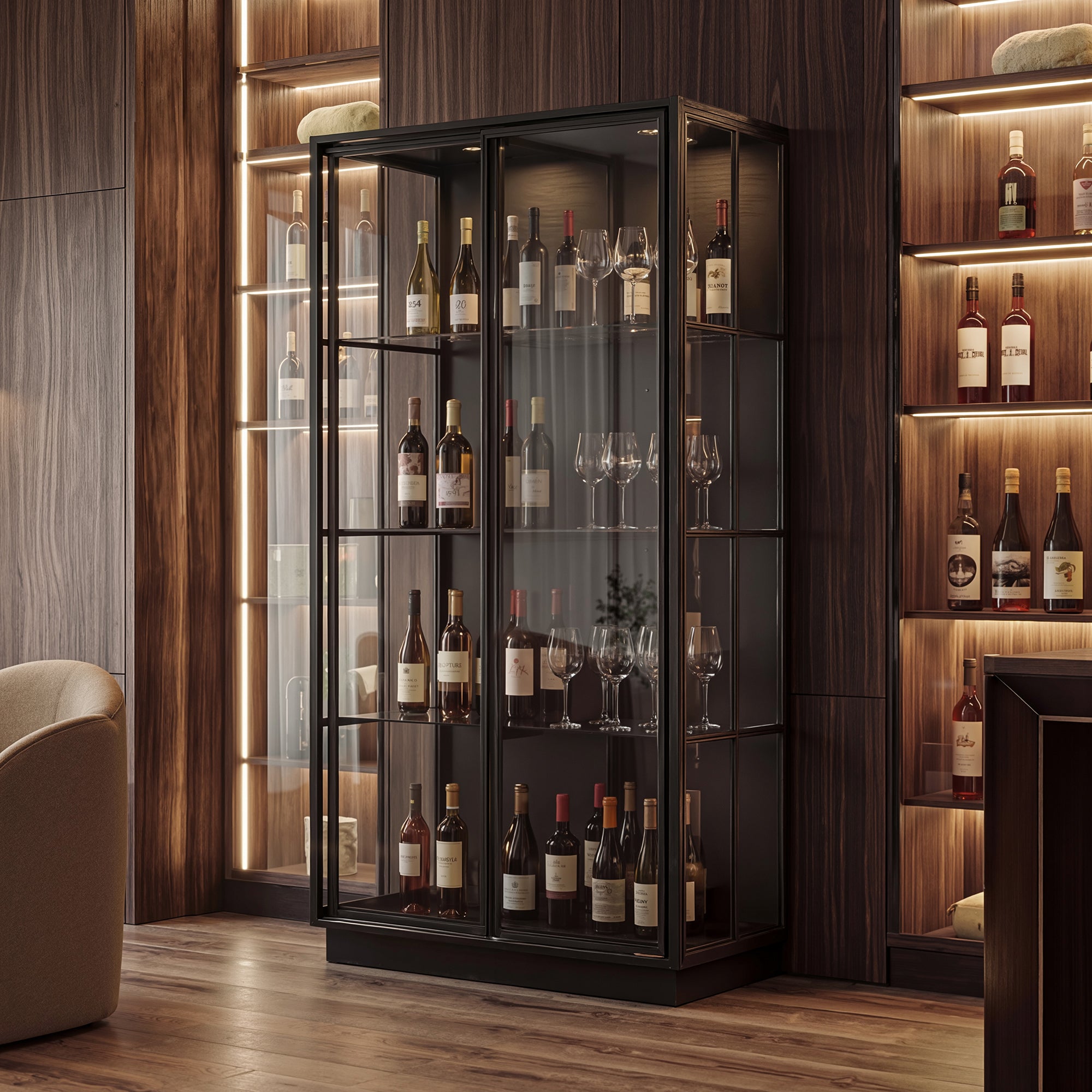 Black display cabinet with glass doors and LED lighting