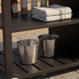Black outdoor kitchen island cart with side shelf, storage cabinet, sink, and wheels
