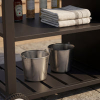 Black outdoor kitchen island cart with side shelf, storage cabinet, sink, and wheels