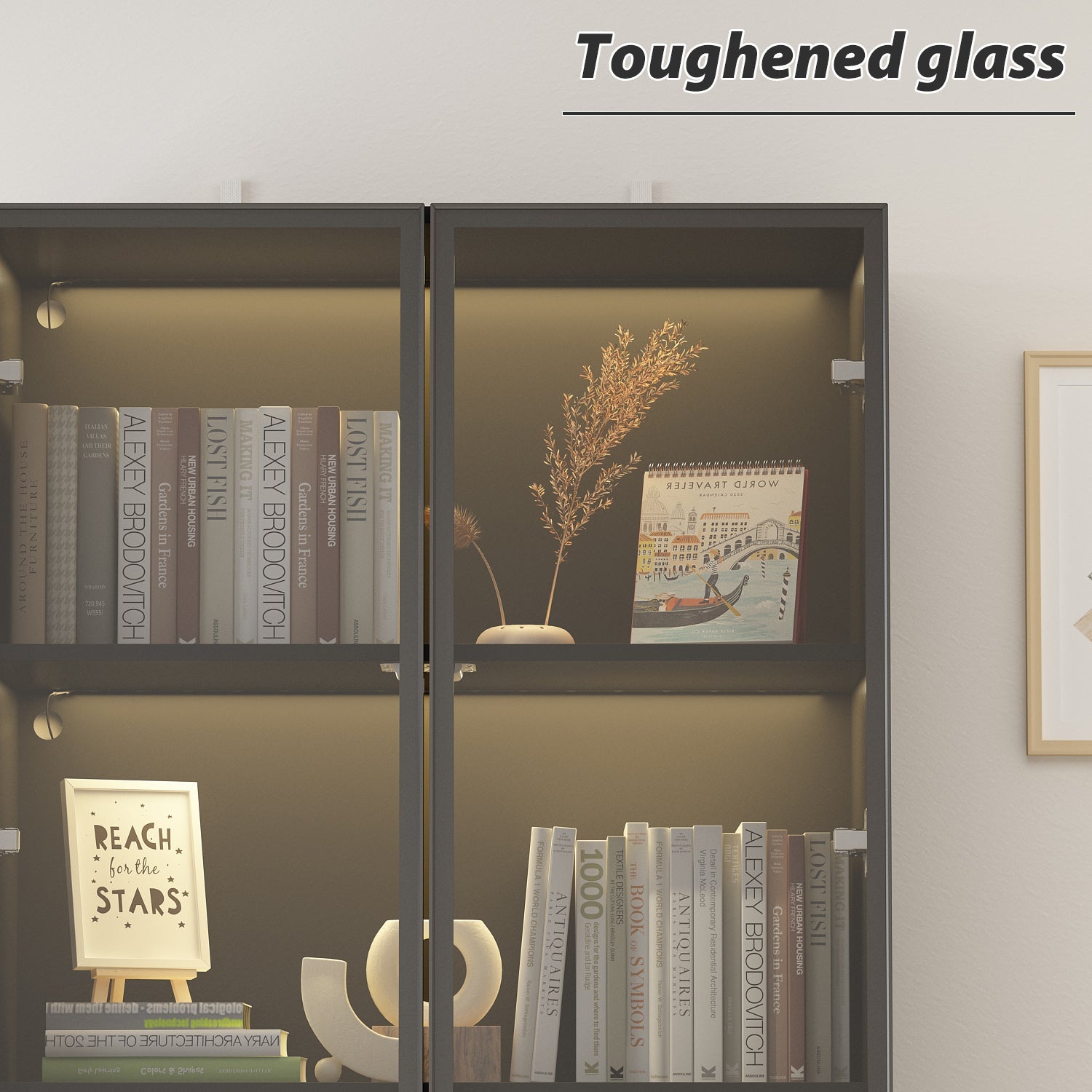 Display Cabinet Bookcase Stand Trophy Showcase with Lights and Glass Doors