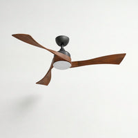 Ceiling fan with wooden blades and a black light fixture on a white background
