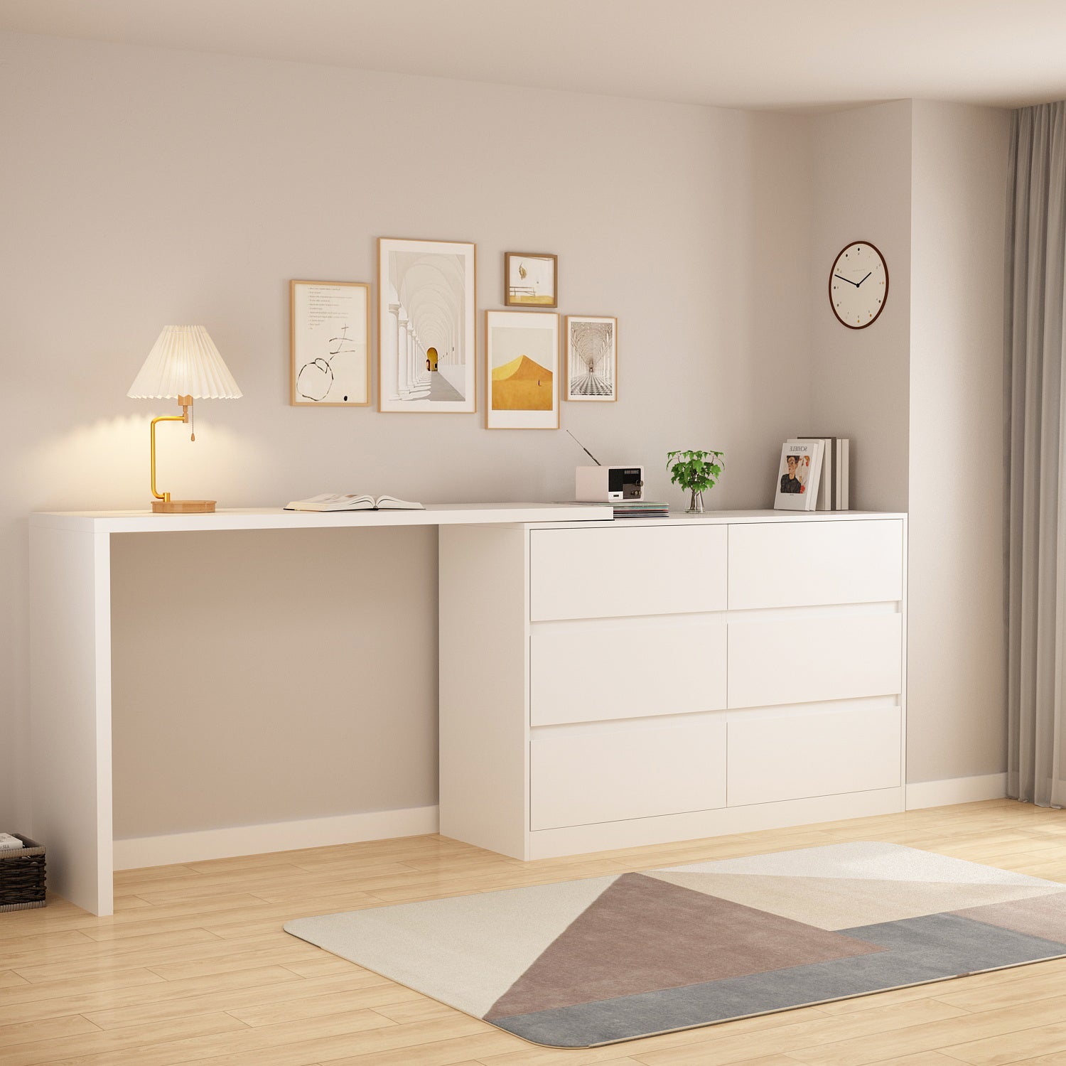 L-Shaped Rotatable Dresser Writing Table with 6 Drawers