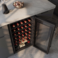 Black wine fridge with glass door and digital temperature display