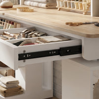 55.1" White Wood Electric Height Adjustable Sewing Table with LED Light and Storage Hutch