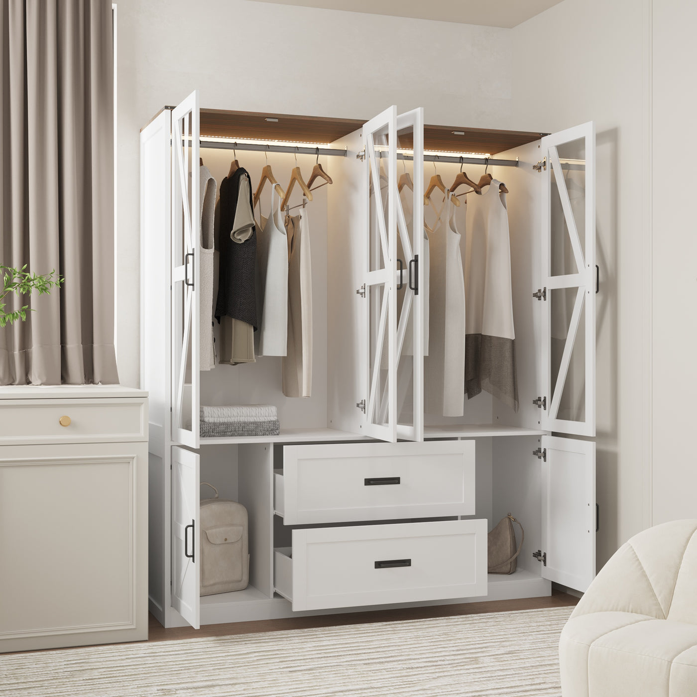 63" Modern Natural Wardrobe with 3-Color Lights and Glass Doors