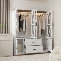 63" Modern Natural Wardrobe with 3-Color Lights and Glass Doors