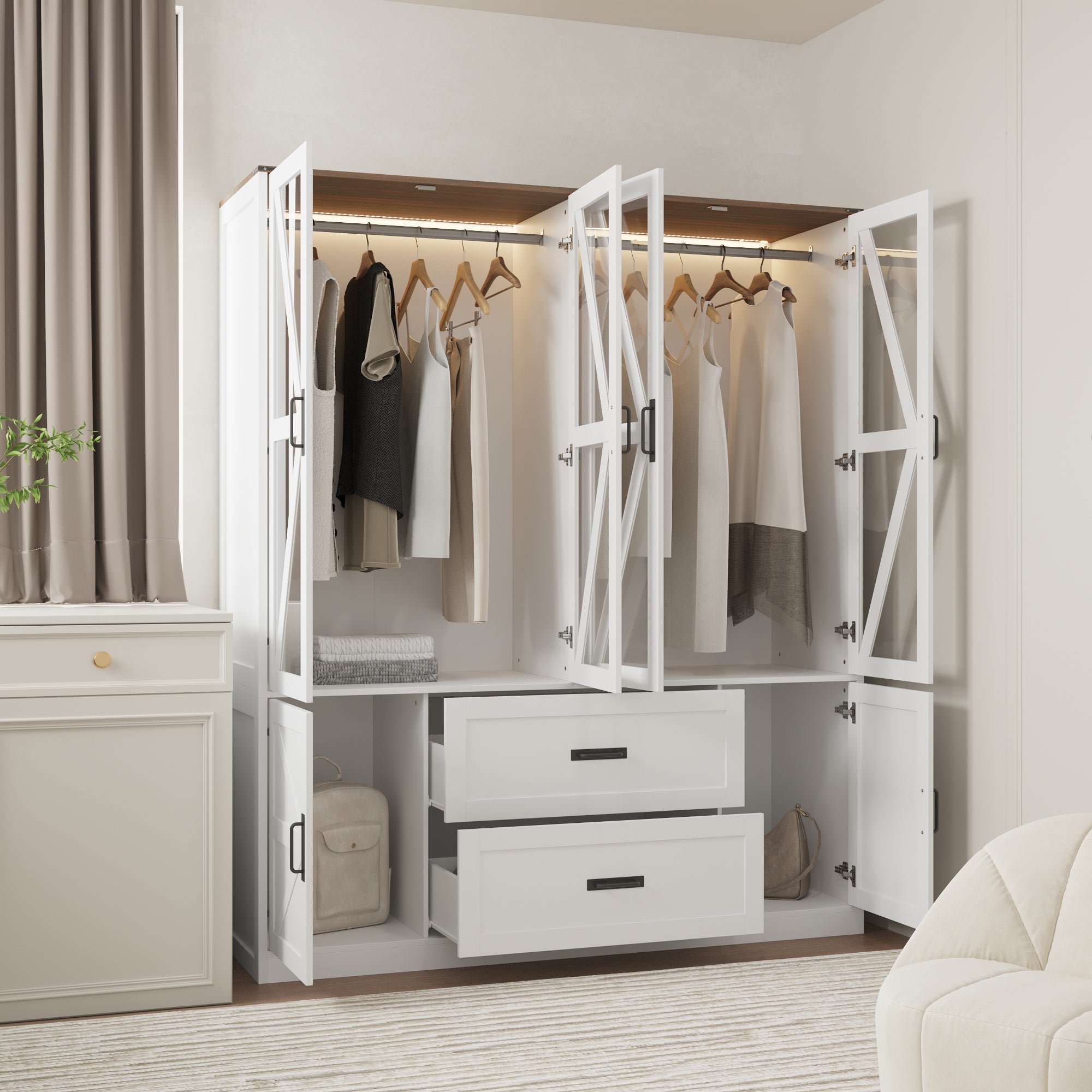 Modern Wardrobe With 3-Color-Lights And Tempered Glass Door