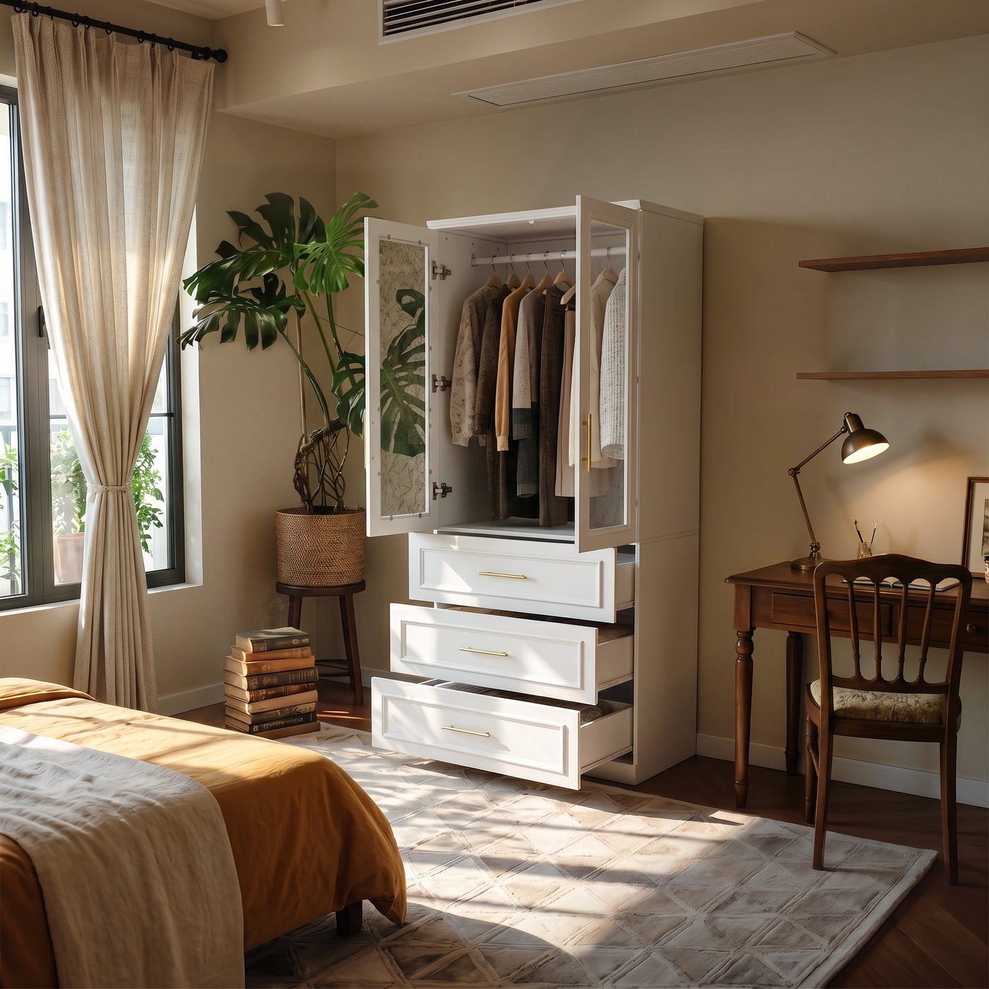 Rena 31.7" Modern White Glass Door Armoire with Hanging Rod and 3 Drawers